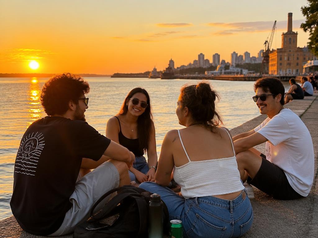 Jovens no pôr do sol da Orla do Guaíba